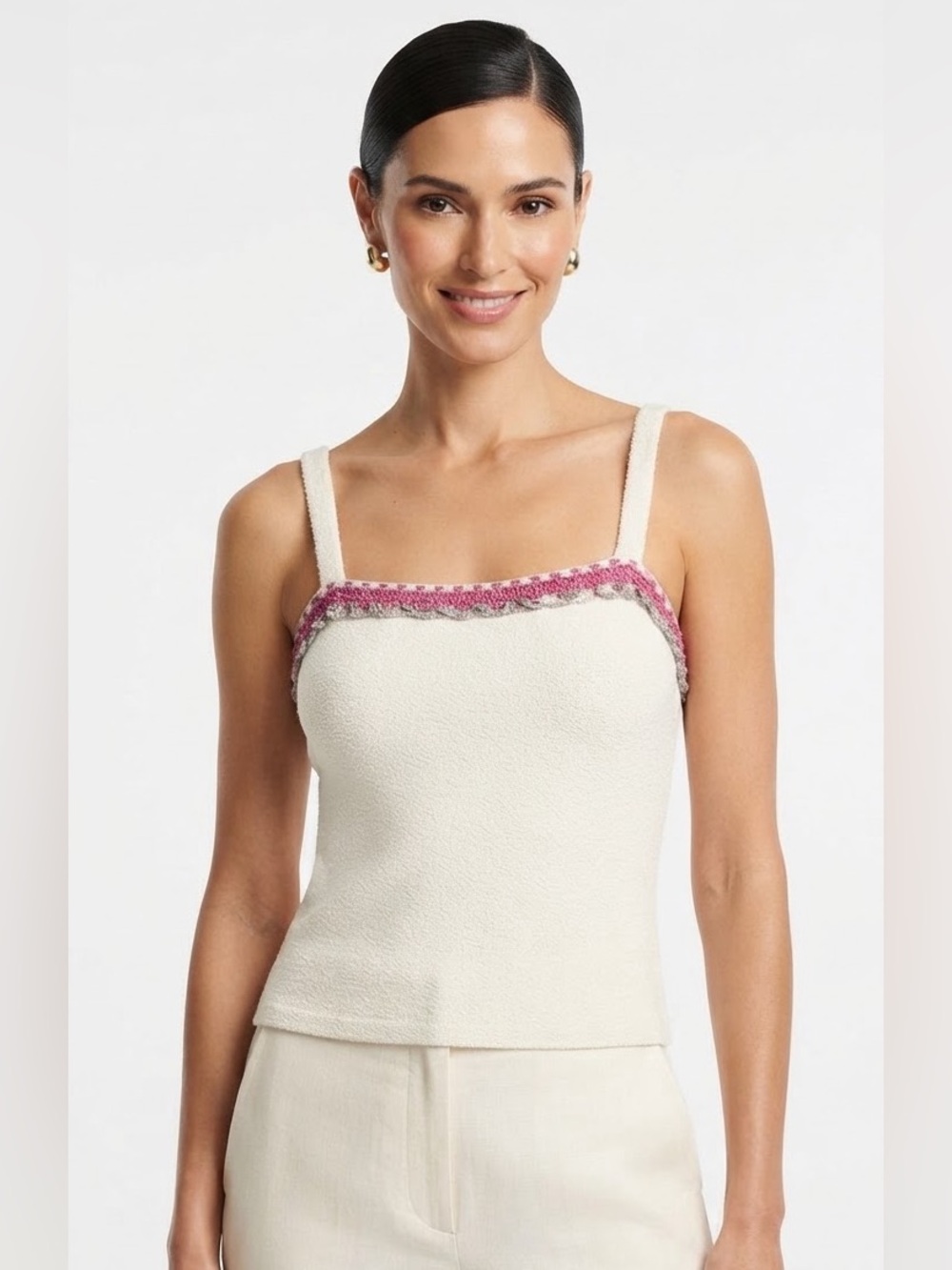 St. John Cream Knit Camisole Crochet Trim Sleeveless Size L office chic luxury
